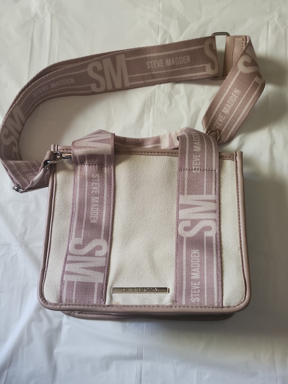 Steve Madden Cream Canvas Crossbody with Dusty Pink Logo Straps